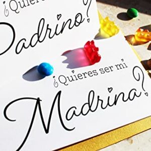 Spanish Will you be my Godparents Cards (Madrina & Padrino) - Godmother & Godfather Proposals in Black-and-White Lettering, with Golden Shimmer Envelopes (Set of 2 cards) (Madrina & Padrino)