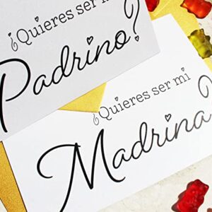 Spanish Will you be my Godparents Cards (Madrina & Padrino) - Godmother & Godfather Proposals in Black-and-White Lettering, with Golden Shimmer Envelopes (Set of 2 cards) (Madrina & Padrino)