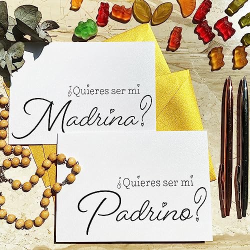 Spanish Will you be my Godparents Cards (Madrina & Padrino) - Godmother & Godfather Proposals in Black-and-White Lettering, with Golden Shimmer Envelopes (Set of 2 cards) (Madrina & Padrino)