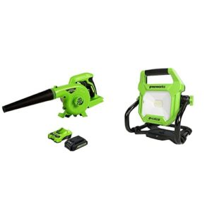 greenworks 24v shop blower, 2.0ah usb battery (power bank) and charger included sbl24b211 with 24v work light