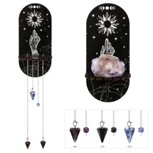 small crystal shelf crystal pendulum holder stand display shelf black magical boho hand shelf witch stuff wooden rustic hanging decor with 3 pieces crystals stone for essential oil (moon style)