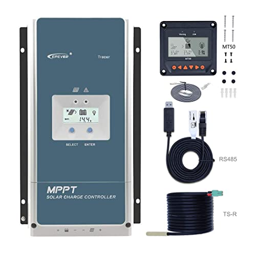 MPPT Charge Controller 60A Solar Charger Controller + Remote Meter MT50 + RTS 48V/36V/24V/12V Auto with Backlight LCD Display Solar Controller for Solar Power Battery Charging Regulator System