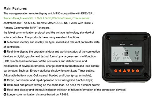 MPPT Charge Controller 60A Solar Charger Controller + Remote Meter MT50 + RTS 48V/36V/24V/12V Auto with Backlight LCD Display Solar Controller for Solar Power Battery Charging Regulator System