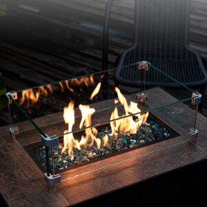 GASPRO 17.5 Inch Square Fire Pit Glass Wind Guard and 20LB Reflective Caribbean Blue Fire Glass