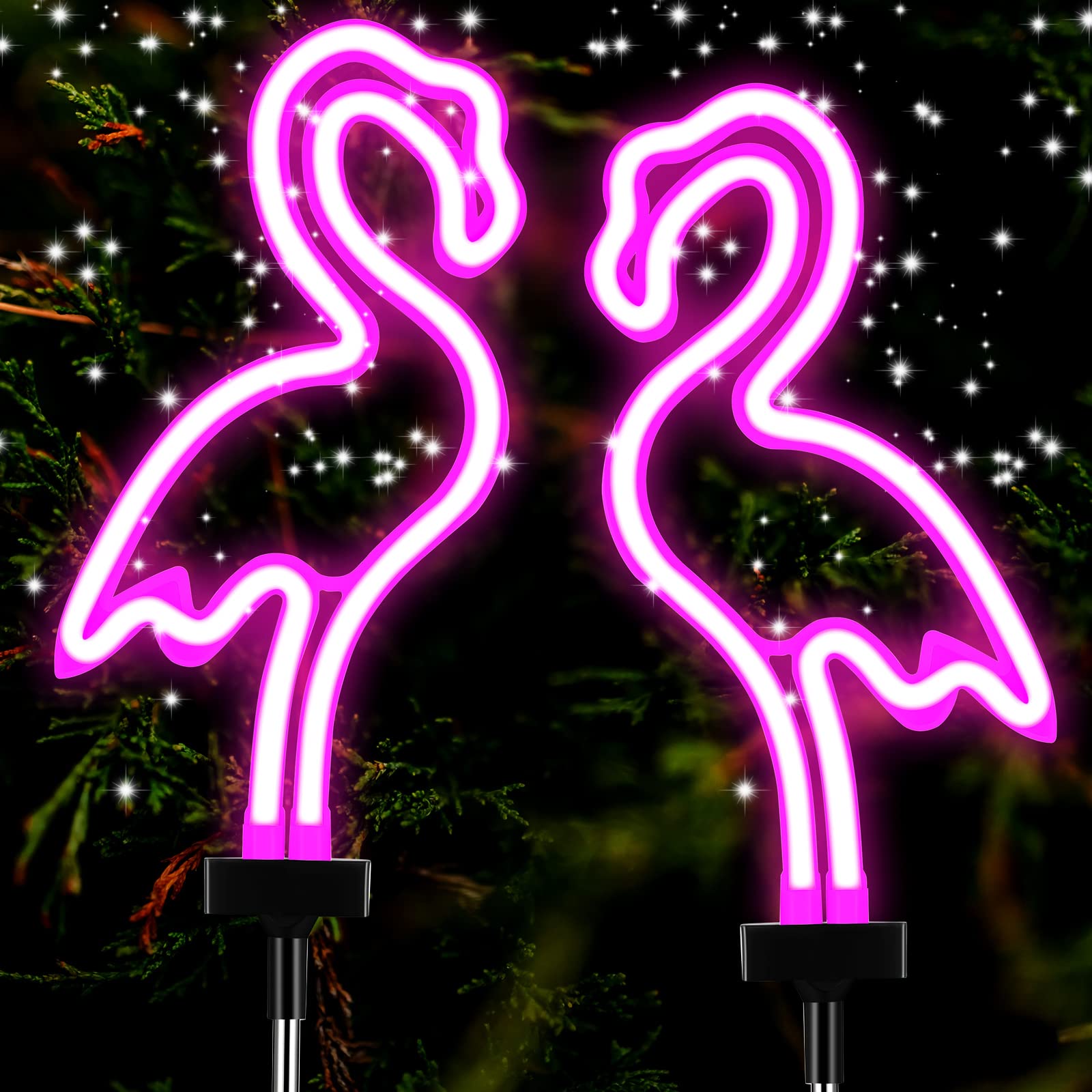 Hortsun 2 Pack Flamingo Solar Lights Outdoor Flamingo Neon Light Yard Flamingos Pink Flamingo Waterproof Decorations Flamingo Lights for Garden Patio Yard Pathway Decoration