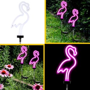 Hortsun 2 Pack Flamingo Solar Lights Outdoor Flamingo Neon Light Yard Flamingos Pink Flamingo Waterproof Decorations Flamingo Lights for Garden Patio Yard Pathway Decoration