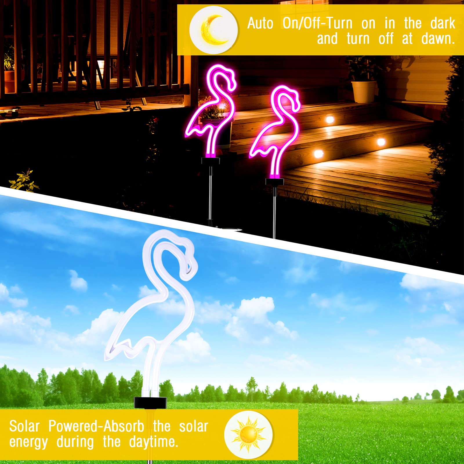 Hortsun 2 Pack Flamingo Solar Lights Outdoor Flamingo Neon Light Yard Flamingos Pink Flamingo Waterproof Decorations Flamingo Lights for Garden Patio Yard Pathway Decoration