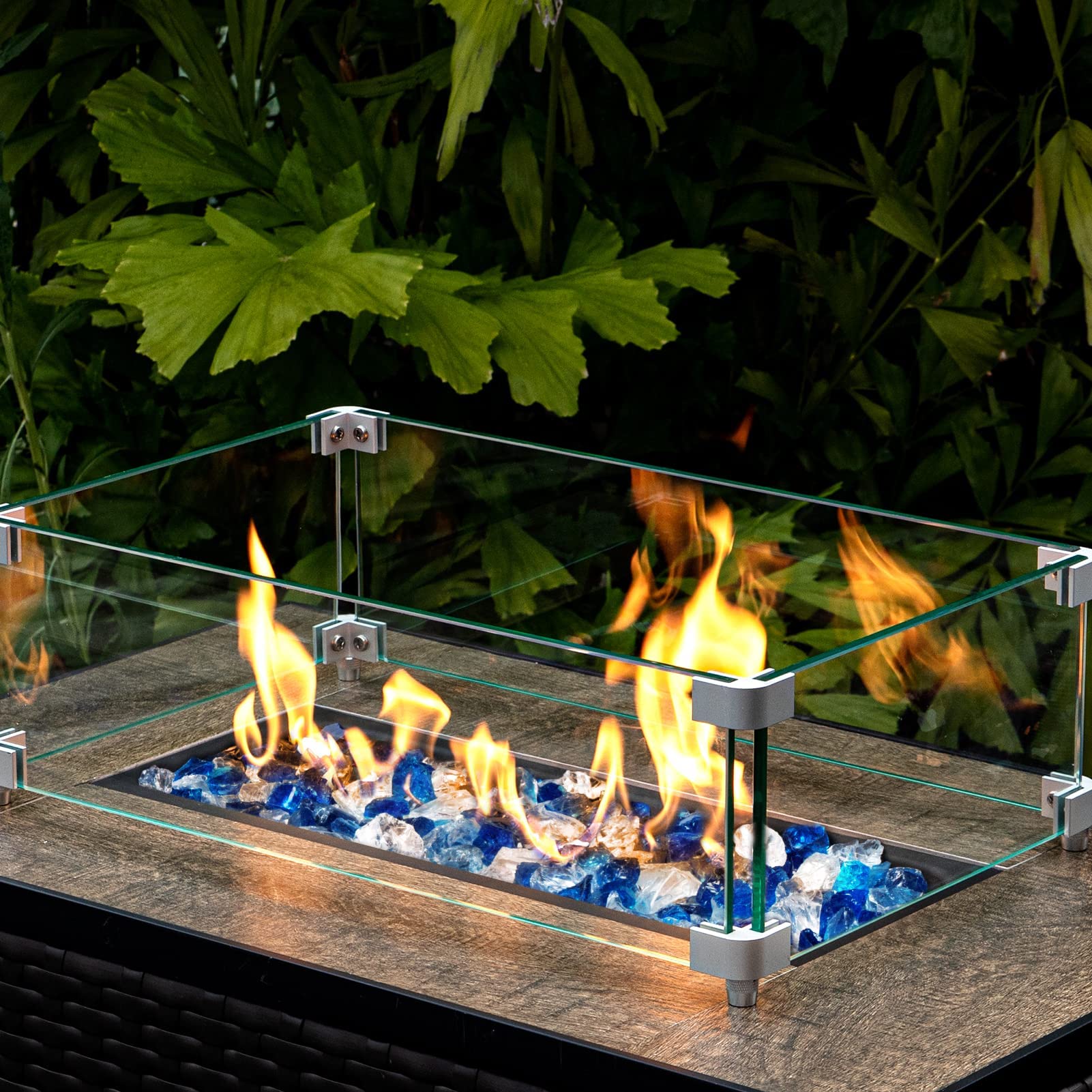 GASPRO 29 x 13 x 6 Inch Fire Pit Glass Wind Guard and 10LB High Luster Bahama Blend Fire Glass