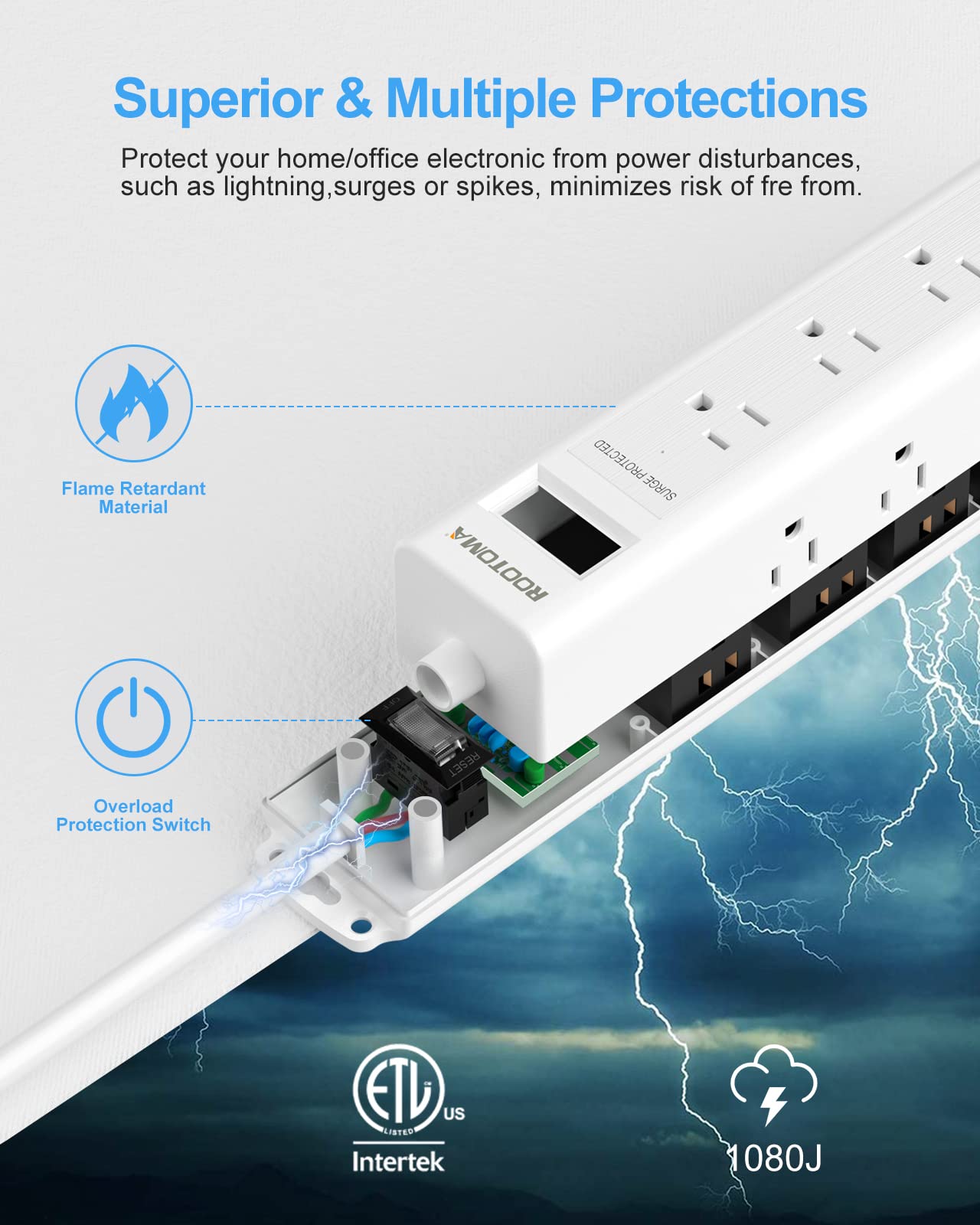 Surge Protector Power Strip with USB C, 12 Outlets and 3 USB Ports, 6 Ft Long Extension Cord(1875W), Flat Plug, Wall Mount with Overload Protection for Home, Office, 1080 Joules, ETL Listed, White