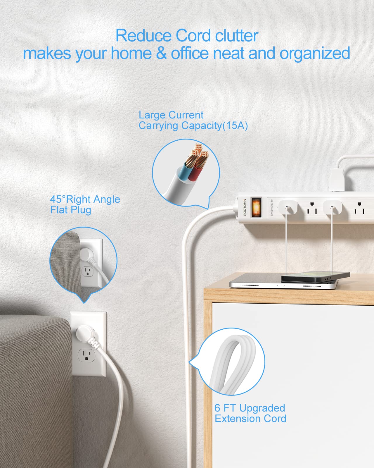 Surge Protector Power Strip with USB C, 12 Outlets and 3 USB Ports, 6 Ft Long Extension Cord(1875W), Flat Plug, Wall Mount with Overload Protection for Home, Office, 1080 Joules, ETL Listed, White