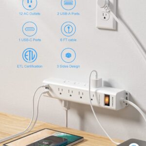 Surge Protector Power Strip with USB C, 12 Outlets and 3 USB Ports, 6 Ft Long Extension Cord(1875W), Flat Plug, Wall Mount with Overload Protection for Home, Office, 1080 Joules, ETL Listed, White