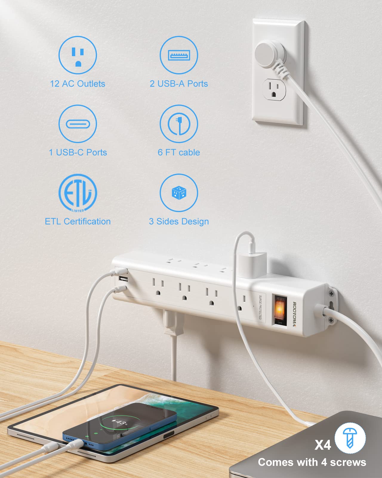 Surge Protector Power Strip with USB C, 12 Outlets and 3 USB Ports, 6 Ft Long Extension Cord(1875W), Flat Plug, Wall Mount with Overload Protection for Home, Office, 1080 Joules, ETL Listed, White