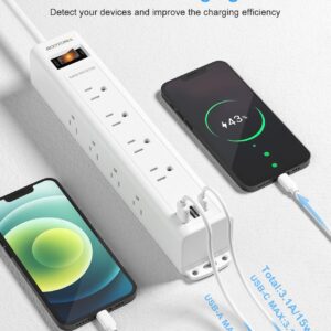 Surge Protector Power Strip with USB C, 12 Outlets and 3 USB Ports, 6 Ft Long Extension Cord(1875W), Flat Plug, Wall Mount with Overload Protection for Home, Office, 1080 Joules, ETL Listed, White