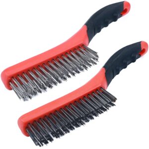 takavu heavy duty wire brush set 2pcs, carbon steel and stainless steel wire scratch brush with 10" curved plastic handle for cleaning rust, paint, welding