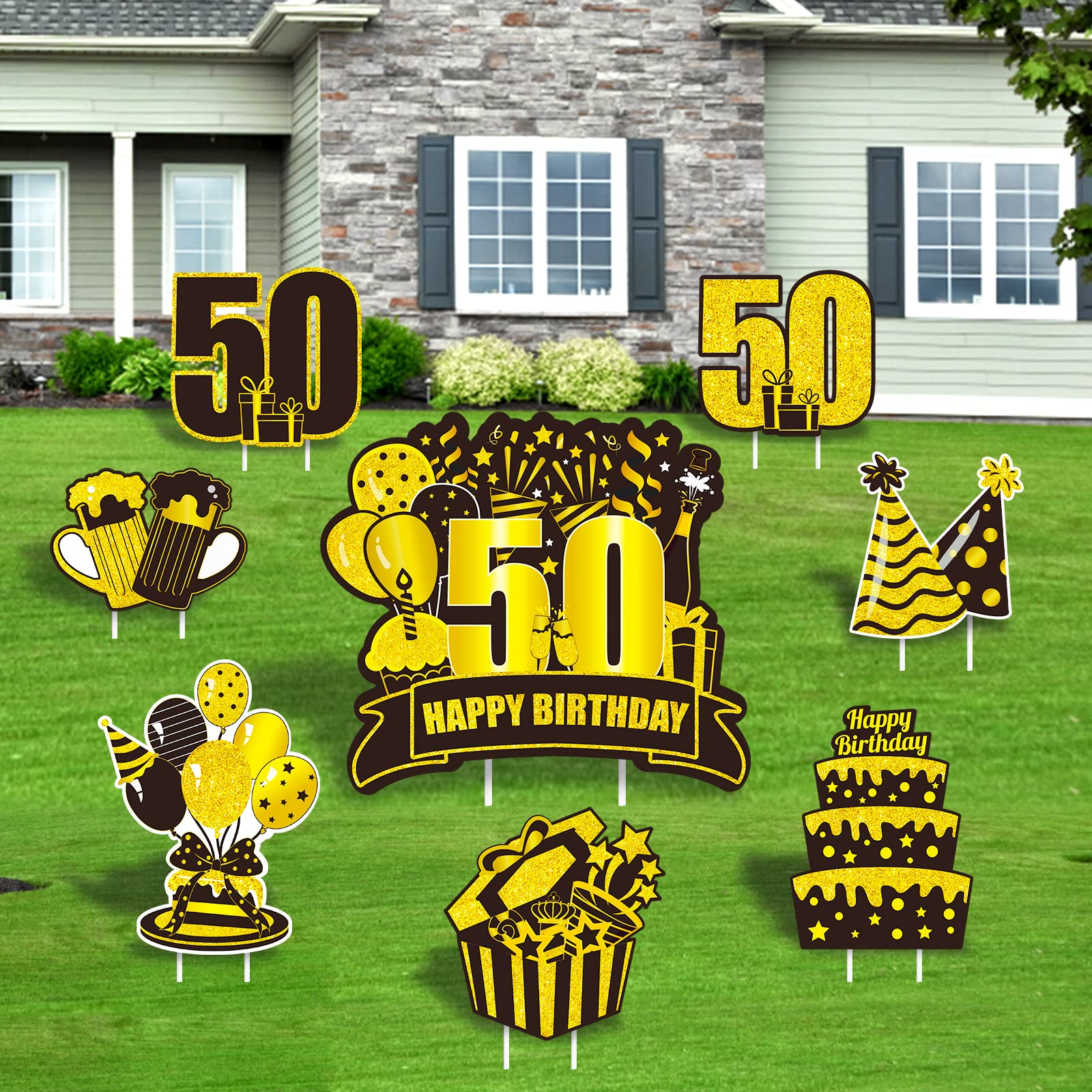 50th Birthday Yard Sign Large Black Gold 50th Birthday Decorations 50 Happy Birthday Yard Signs with Stakes Outdoor Lawn Sign for Birthday Supplies of 50 year-old