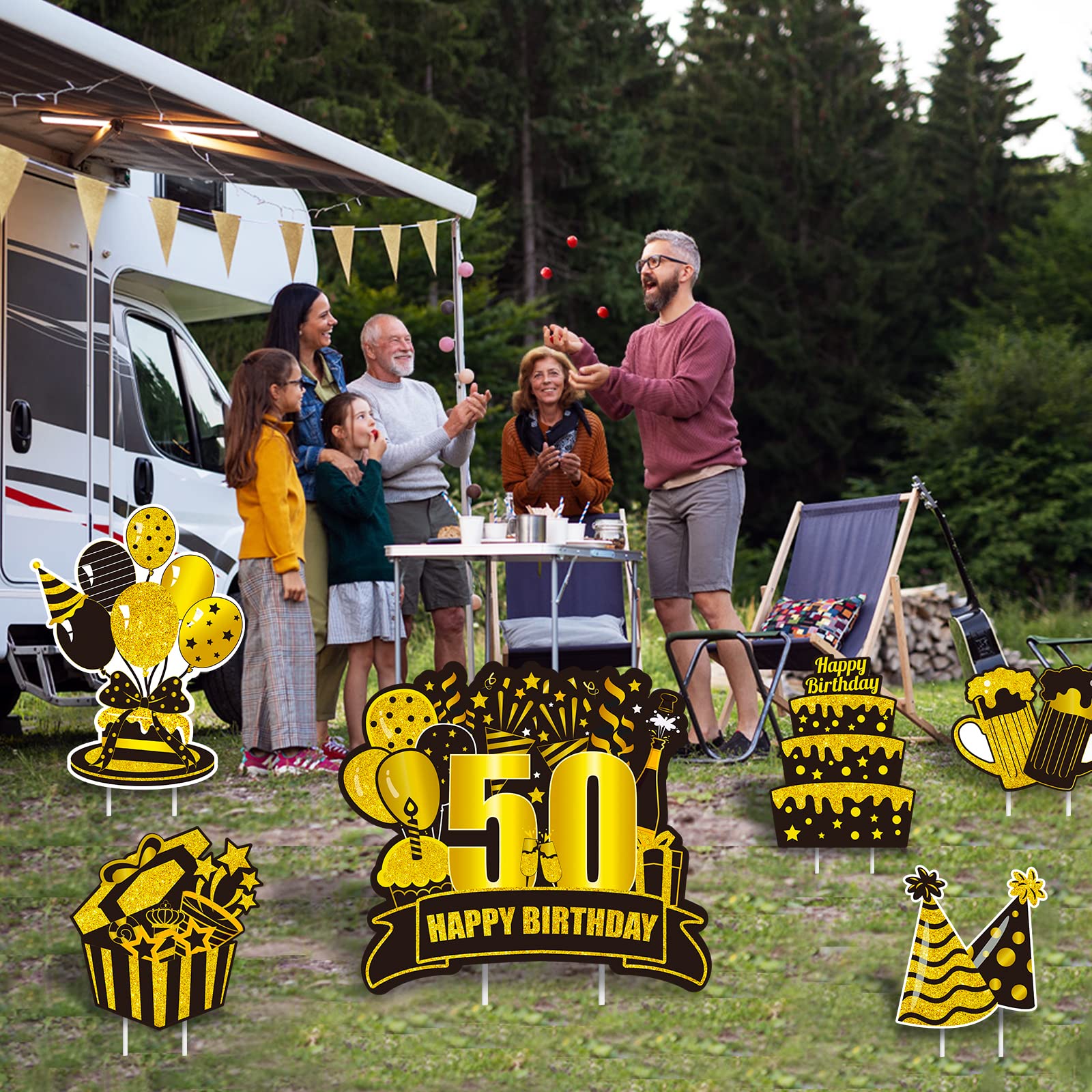 50th Birthday Yard Sign Large Black Gold 50th Birthday Decorations 50 Happy Birthday Yard Signs with Stakes Outdoor Lawn Sign for Birthday Supplies of 50 year-old