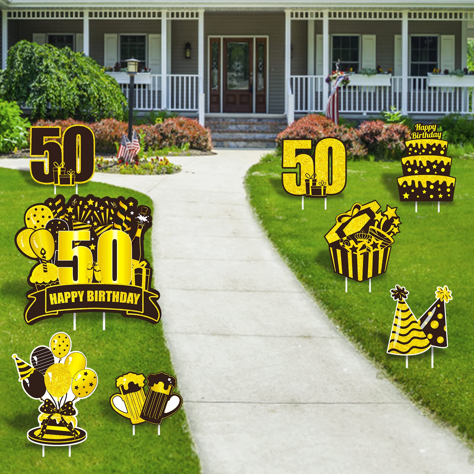 50th Birthday Yard Sign Large Black Gold 50th Birthday Decorations 50 Happy Birthday Yard Signs with Stakes Outdoor Lawn Sign for Birthday Supplies of 50 year-old