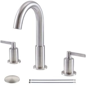 kingo home widespread 3 hole bathroom faucet brushed nickel, modern 8 inch 2 handle bathroom sink faucet for vanity faucets with pop up drain and supply lines