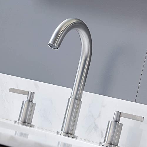 KINGO HOME Widespread 3 Hole Bathroom Faucet Brushed Nickel, Modern 8 inch 2 Handle Bathroom Sink Faucet for Vanity Faucets with Pop Up Drain and Supply Lines