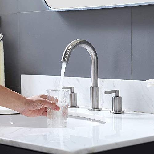 KINGO HOME Widespread 3 Hole Bathroom Faucet Brushed Nickel, Modern 8 inch 2 Handle Bathroom Sink Faucet for Vanity Faucets with Pop Up Drain and Supply Lines