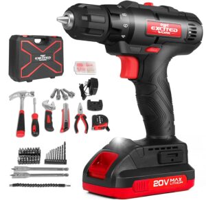 20v cordless electric drill set, 168 pieces power drill driver kit, max 310in.lbs with tool case for home repair 18+1 poisition torque drill for metal, wood, plastics by excited work