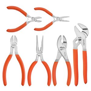 valuemax 6-piece pliers set, includes 6 inch& 4-3/4 inch long nose pliers, 6 inch& 4-1/4 inch diagonal pliers, 6 inch slip joint pliers, 8 inch groove joint pliers, dipped handle for diy& home use