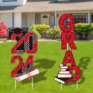 uratot red ''2024 grad'' yard signs including 4 pieces glittering graduation yard signs with 8 pieces stakes party outdoor decorations, waterproof lawn decor, graduation party supplies
