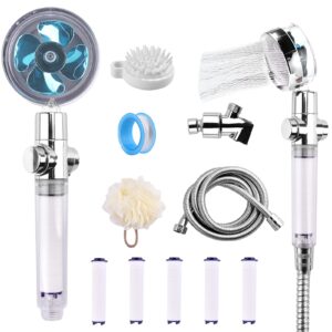 tesecu turbo shower head, modern style, 5 settings, 6 l/min flow, 360 rotation, tool-free installation, abs material, stainless steel panel, 79" shower hose, bath ball, shampoo comb