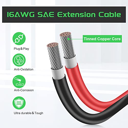 SAE to SAE Cable 10FT 16AWG, Bateria Power SAE Extension Cable Battery Charger Extension Cord, Quick Disconnect Connector Solar Panel Extension Wire with SAE Polarity Reverse for Automotive, RV