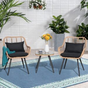 Verano Garden 3 Piece Patio Bistro Set, Outdoor Wicker Conversation Chair Sets Balcony Furniture,Coffee Table with Glass Top, Cushions & Lumbar Pillows for Porch, Backyard, Deck, Poolside