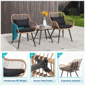 Verano Garden 3 Piece Patio Bistro Set, Outdoor Wicker Conversation Chair Sets Balcony Furniture,Coffee Table with Glass Top, Cushions & Lumbar Pillows for Porch, Backyard, Deck, Poolside