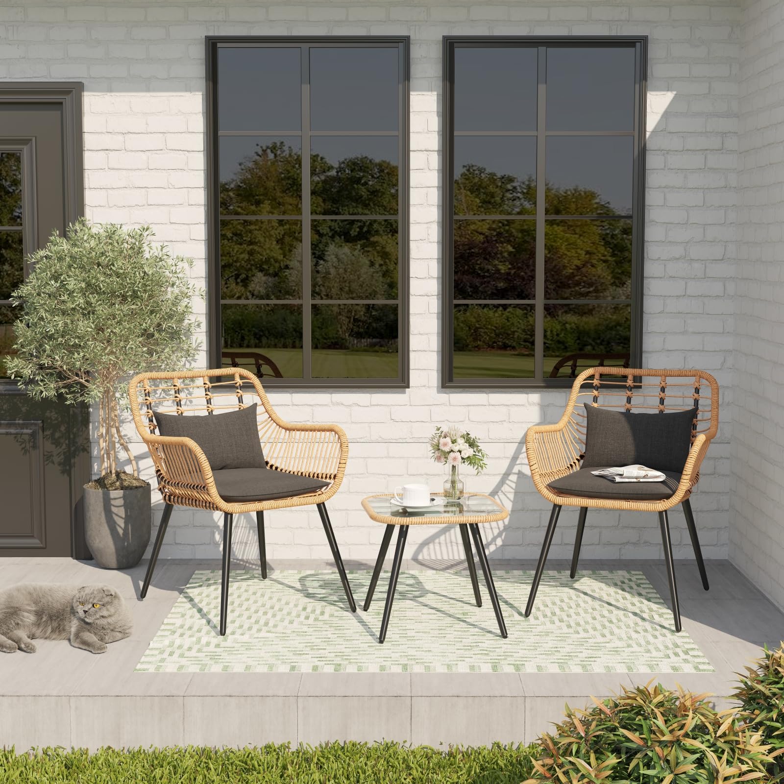 Verano Garden 3 Piece Patio Bistro Set, Outdoor Wicker Conversation Chair Sets Balcony Furniture,Coffee Table with Glass Top, Cushions & Lumbar Pillows for Porch, Backyard, Deck, Poolside