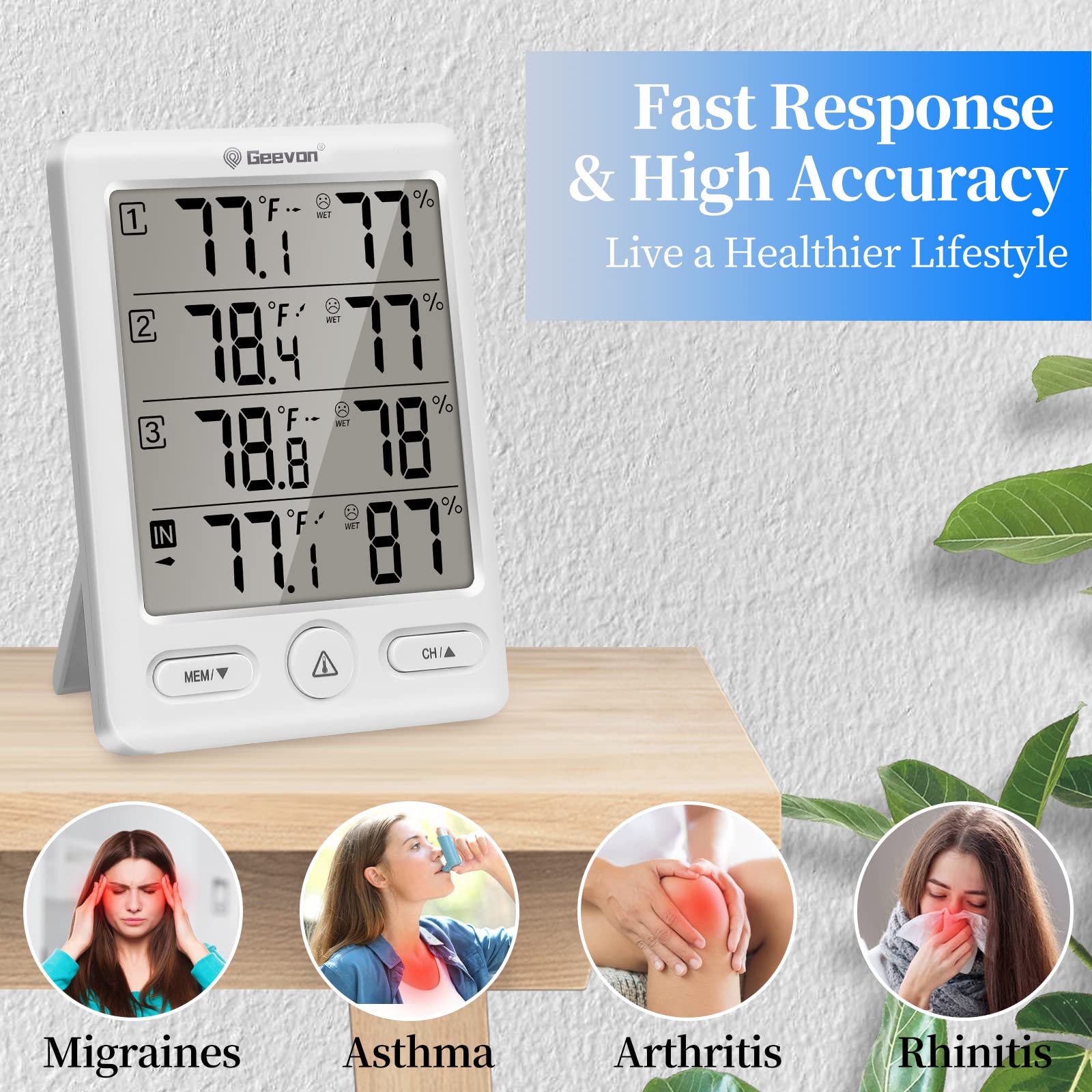 Geevon Indoor Outdoor Thermometer Wireless with 3 Remote Sensors, Digital Hygrometer Indoor Thermometer, Temperature Humidity Monitor Gauge with 200FT/60M Range (White)