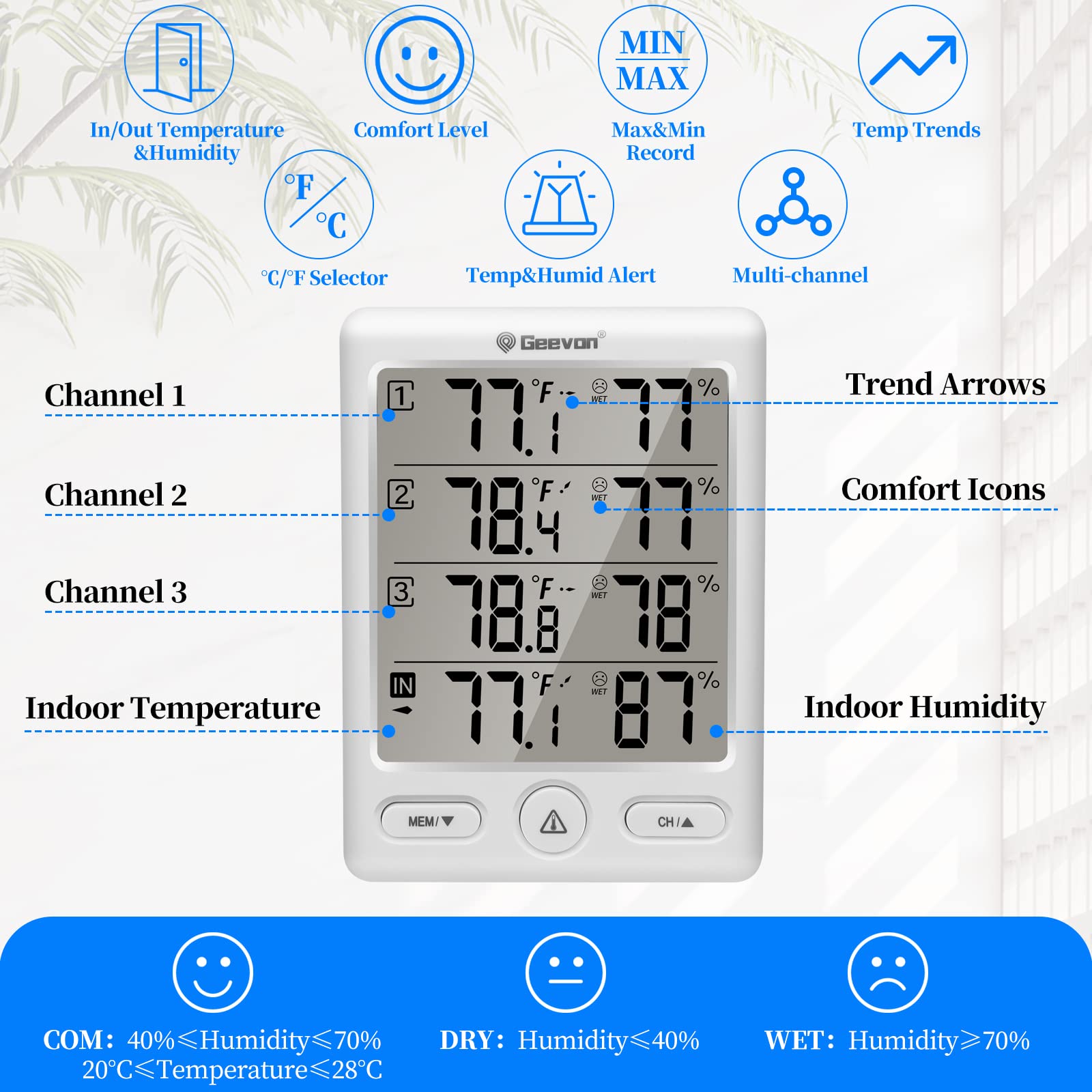 Geevon Indoor Outdoor Thermometer Wireless with 3 Remote Sensors, Digital Hygrometer Indoor Thermometer, Temperature Humidity Monitor Gauge with 200FT/60M Range (White)