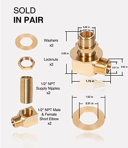 2 PCS B-0230-K Wall Mount Faucet Installation Kit - for T&S B-0230 Style 1/2‘’ NPT Faucets Replacement Include 2 PCS 1/2" NPT Short Elbows, Nipples, Lock Nuts, Washers - Brass