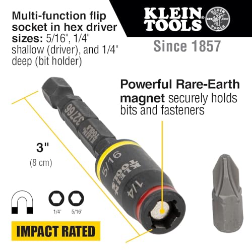 Klein Tools 32766 Impact Driver, 3-in-1 Impact Flip Socket and Bit Holder, 1 /4-Inch and 5/16-Inch Hex Drivers, 3-Inch Length