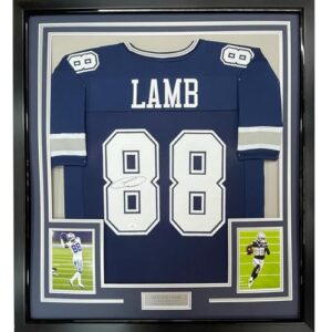 framed autographed/signed ceedee lamb 33x42 dallas blue football jersey jsa coa