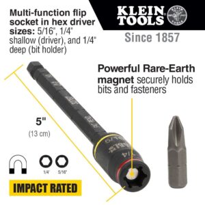 Klein Tools 32767 Impact Driver, 3-in-1 Impact Flip Socket and Bit Holder, 1/4-Inch and 5/16-Inch Hex Drivers, 5-Inch Length