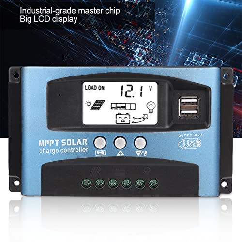 Solar Charge Controller, MPPT Solar Charge Controller 12v/24v Current Auto Focus MPPT Tracking Charge with LCD Display Dual USB Solar Regulator Charge Controller Multiple Load Control Modes (100A)