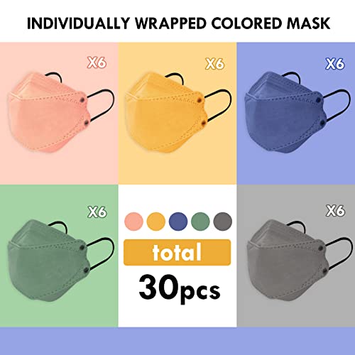 AOTDAOU KN95 Face Masks for Women Men, 30 Packs Individual Wrapped Colorful Mask Adult Sized, Form Fitting Comfortable Breathable with Adjustable Black Earloops Snug Fit, Filter Efficiency≥95%
