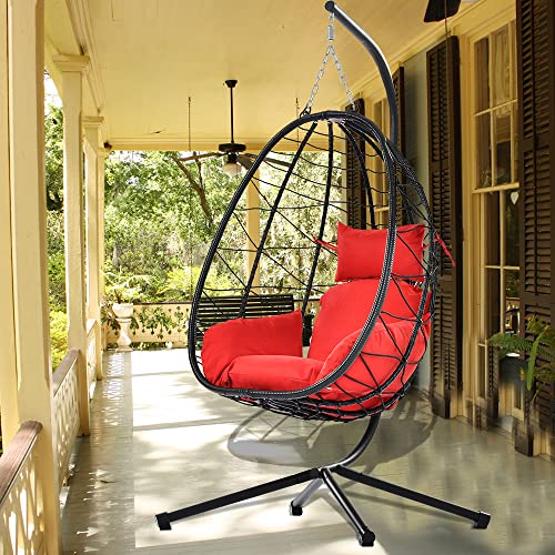 SEGMART Hanging Egg Chair with Stand and UV Resistant Cushion, Indoor Outdoor Wicker Swing Egg Chair, Hammock Egg Basket Chair for bedrooms, Balcony,Patio,Garden (Red)