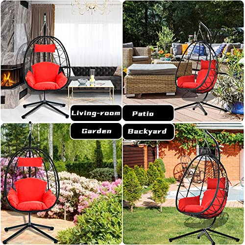 SEGMART Hanging Egg Chair with Stand and UV Resistant Cushion, Indoor Outdoor Wicker Swing Egg Chair, Hammock Egg Basket Chair for bedrooms, Balcony,Patio,Garden (Red)