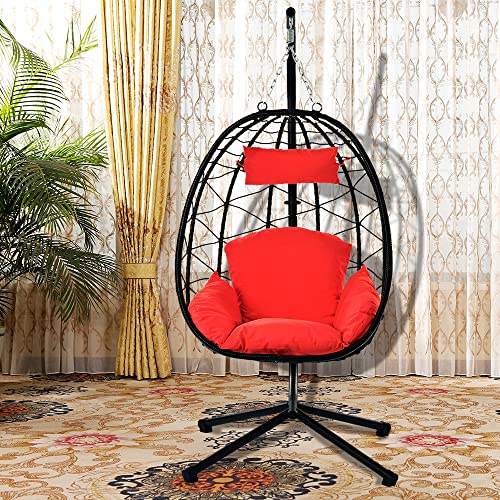 SEGMART Hanging Egg Chair with Stand and UV Resistant Cushion, Indoor Outdoor Wicker Swing Egg Chair, Hammock Egg Basket Chair for bedrooms, Balcony,Patio,Garden (Red)