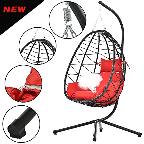 SEGMART Hanging Egg Chair with Stand and UV Resistant Cushion, Indoor Outdoor Wicker Swing Egg Chair, Hammock Egg Basket Chair for bedrooms, Balcony,Patio,Garden (Red)