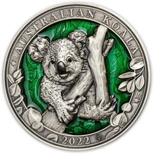 2022 de colours of wildlife powercoin australian koala 3 oz silver coin 5$ barbados 2022 antique finish