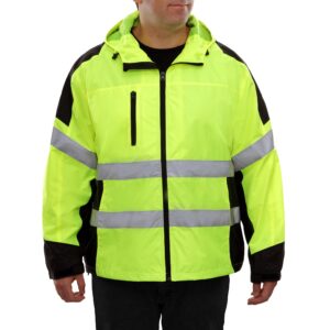 reflective apparel high visibility hooded windbreaker safety jacket - ansi class 2 compliant, water-resistant shell - lime, large
