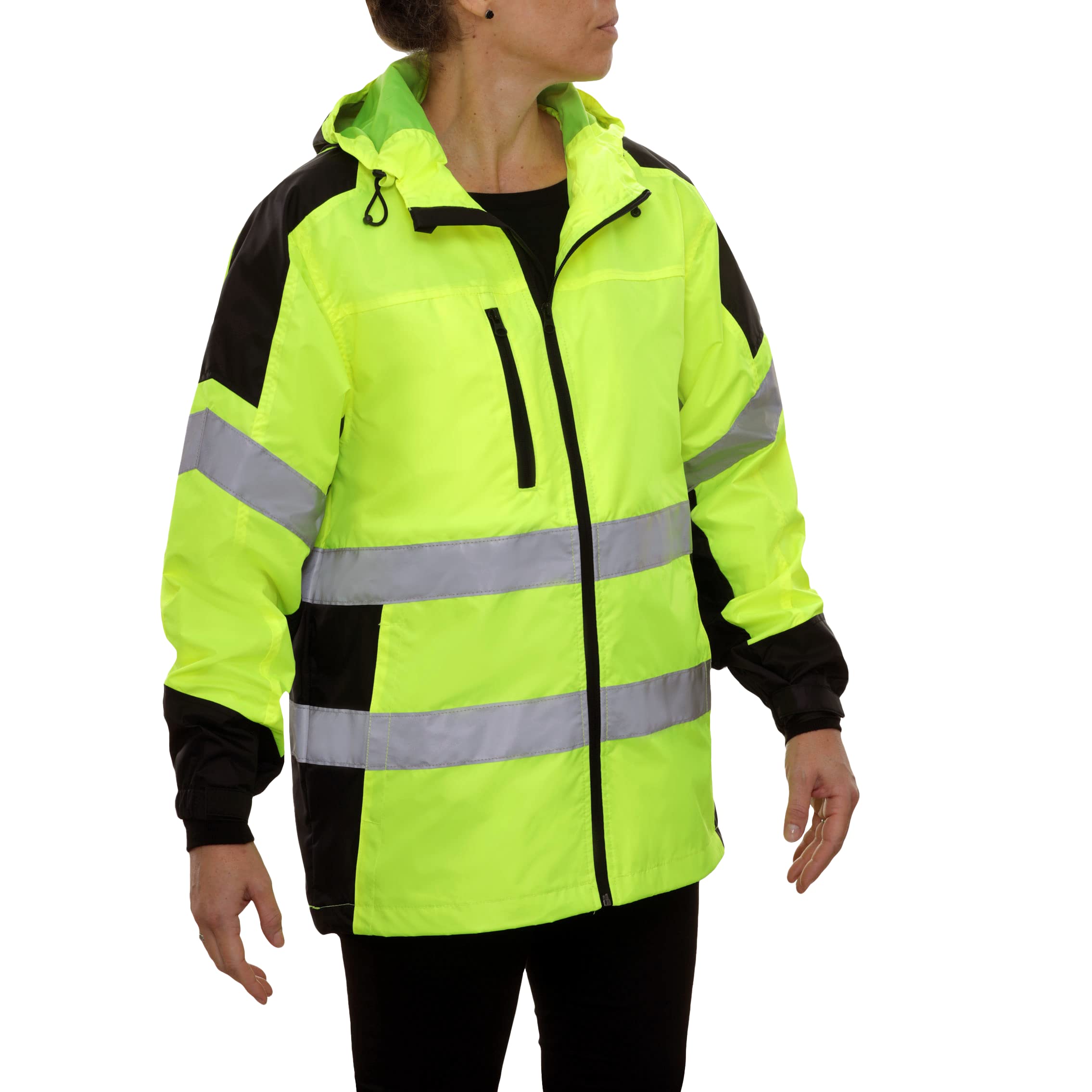 Reflective Apparel High Visibility Hooded Windbreaker Safety Jacket - ANSI Class 2 Compliant, Water-Resistant Shell - Lime, Large