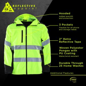 Reflective Apparel High Visibility Hooded Windbreaker Safety Jacket - ANSI Class 2 Compliant, Water-Resistant Shell - Lime, Large