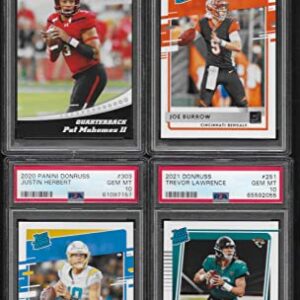 PSA 10 PATRICK"PAT" MAHOMES SPECIAL EDITION JOE BURROW JUSTIN HERBERT TREVOR LAWRENCE 4 CARD ROOKIE LOT PANINI DONRUSS & LEAF GRADED PSA 10 NFL STAR YOUNG QUARTERBACKS