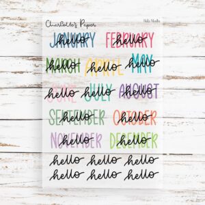 Transparent Hello Months Planner Stickers, Undated Planner, Hand lettered Months of the Year Sticker, Decorative Planning Stickers, 18 Stickers, Multicolor Rainbow